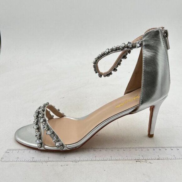 XYD Silver Mid Heel Rhinestone Strappy Sandals Open Toe Ankle Strap Prom Shoes - Picture 2 of 8